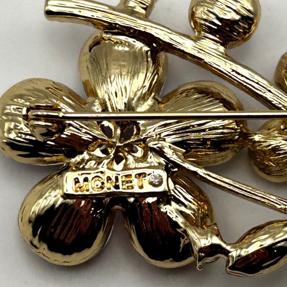 Vintage Monet Floral Brooch Pink Aurora Borealis Rhinestone Gold Tone Pin 2.25” - Picture 5 of 13